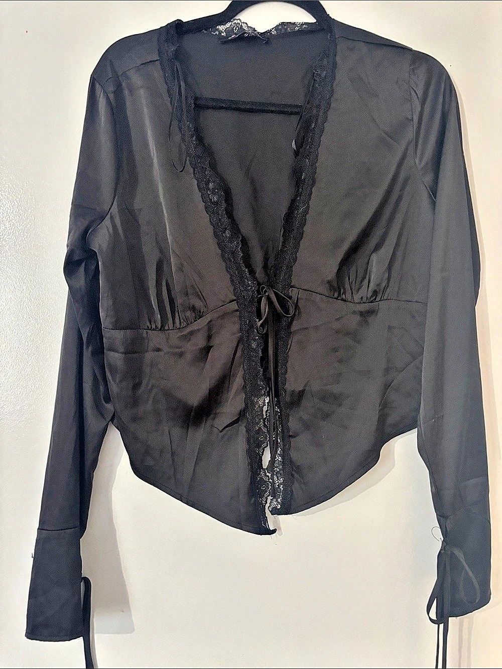 Black Lace Trim Tie Front Blouse New